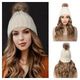 Beanie Wig Hair Extensions, Warm Knitted Beanie Hat with Hair 12 Beach Wavy Hair Extension Synthetic Hairpiece for Women - Beige Beanie, Light Brown with Highlights Hair"