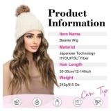 Beanie Wig Hair Extensions, Warm Knitted Beanie Hat with Hair 12 Beach Wavy Hair Extension Synthetic Hairpiece for Women - Beige Beanie, Light Brown with Highlights Hair"