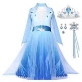 Girls Princess Costume Kids Queen Halloween Cosplay Party Blue Dress with Accessories, 4-5 Years(Label 120) missing earrings  - Retail: $23