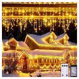 38.8FT Icicle Lights for Outside, 400 LED Icicle Christmas Lights Outdoor Indoor Plug in, Warm White String Lights for Christmas House Patio Party Fireplace Holiday Decorations - Retail: $30