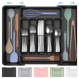 Extra Large Expandable Silverware Organizer, BPA-Free Food-Safe Cutlery Flatware Organizer, Kitchen Utensil Drawer Organizer, Adjustable Silverware Holder for Spoons Forks Knives, Black - Retail: $6