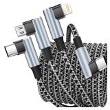 USB C to USB C Right Angle Cable,90 Degree Type-C Braided Charging Cord,3 in 1 Multi Charging Cable for Multiple Devices, Universal Charger Cord with Type-C, Micro USB,IP Port for iPhone17/16 Phones -