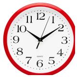 Red Wall Clock Silent Non Ticking - 10 Inch Quality Quartz Battery Operated Round Easy to Read Home/Kitchen/Office/Classroom/School Clocks, Vintage Retro Red Frame Black Numbers - Retail: $15