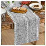 Mode Dark Grey Rustic Cotton Linen Table Runner, Seasonal Embroidered Hollow Kitchen Dining Table Decoration for Home Party Decor 13x90 Inch - Retail: $14