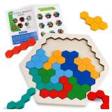 Wooden Blocks Puzzle for Kid Adults Brain Teaser Hexagon Puzzles Games Toy Shape Pattern Block Tangram Geometry Logic IQ STEM Montessori Educational Gift for Kids Boys Girls Challenge - Retail: $8