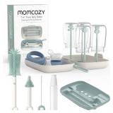 Momcozy Bottle Brush Set - Baby Bottle Cleaner Kit with Silicone Brush, Nipple Brush, Straw Brush, Soap Dispenser, Drying Rack - 7 in 1 Bottle Cleaning Tool for Home and Travel, Green - Retail: $16