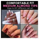 Almond Nail Tips 216pcs Medium Almond Press on Nails Pre-shape Gel Fake Nails for Full Cover Acrylic French False Nails For Nail Extension, DIY Salon 12 Sizes Gelly Tips - Retail: $8