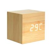 Wooden Alarm Clock - Mini Cube LED Digital Clock with Time/Date/Temperature Display, 3 Levels Brightness and Voice Control Great for Home Office Travel - AC10Yellow_White - Retail: $13