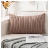 UGASA Soft Velvet Stripe Decorative Lumbar Pillow Cover 1 Pack Solid Corduroy Textured Euro Oblong Cushion Case for Couch Bedroom Sofa Farmhouse, 12x20 Inch, Light Brown - Retail: $10