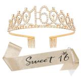 16th Birthday Tiara and Sash Kit- Sweet 16"Birthday Decorations 16th Birthday Party Gifts Birthday Party Supplies for Girls (gold) - Retail: $10"