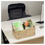 Wicker Basket, Water Hyacinth Baskets for Organizing, Rectangular Wicker Storage Basket for Shelves, Decorative Storage Bin with Built-in Handles (Medium) - Retail: $20