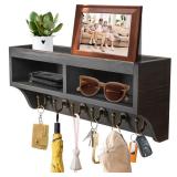 Key Holder Wall Mount - Mail Organizer Wall Mount with 6 Key Hooks and Storage Box for Sunglasses Storage and Dog Leash Holder Home Decor Rack Apartment Farmhouse Shelf Entryway Organizer (Black) - Re