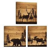 Bear Elk Moose Wall Pictures Forest Landscape Hunting Theme Woodland Animal Painting Framed Canvas Artwork Farmhouse Wall Decor 12x12"x3 Panels - Retail: $32"