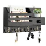 Key Holder Wall Mount, Wooden Adhesive Mail and Key Organizer with Drawer, Small Shelf, 8 Hooks, 2 Installation Methods, Black - Retail: $20