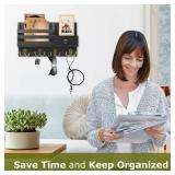 Key Holder Wall Mount, Wooden Adhesive Mail and Key Organizer with Drawer, Small Shelf, 8 Hooks, 2 Installation Methods, Black - Retail: $20