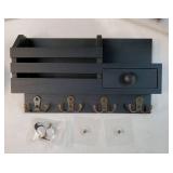 Key Holder Wall Mount, Wooden Adhesive Mail and Key Organizer with Drawer, Small Shelf, 8 Hooks, 2 Installation Methods, Black - Retail: $20
