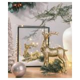 2pcs Gold Christmas Reindeer Figurines, Tabletop Reindeer Christmas Decor Indoor, Small Resin Xmas Brass Deer Decorations for Home Mantel Decor - Retail: $26