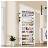 Vertical Narrow Shoe Rack Organizer Tall Shoe Rack for Closet Entryway 10 Tier Non-Woven Cover Shoe Shelf Holds 36-41 Pairs Free Standing Shoe Storage Cabinet with Dustproof Cover, White - Retail: $32
