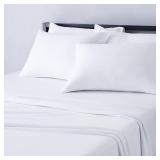 Amazon Basics 4 Piece Bed Sheet Set, 100% Cotton Jersey, Includes Super Soft, Flat and Fitted Sheets, Pillowcase, King, White, Solid - Retail: $45