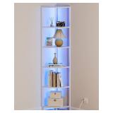 Furnulem 6 Tier Corner Shelf with LED Light, 67.5 Tall Standing Shelf Organizer, White Narrow Bookshelf with Storage Rack for Wall Corner, Living Room, Bedroom, Metal Frame, Wood Display Shelf - Retai