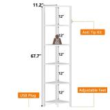 Furnulem 6 Tier Corner Shelf with LED Light, 67.5 Tall Standing Shelf Organizer, White Narrow Bookshelf with Storage Rack for Wall Corner, Living Room, Bedroom, Metal Frame, Wood Display Shelf - Retai