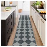 Beeiva Checkered Rug Runner for Hallways 2.5x12ft , Kitchen Runner Rugs Non Skid Washable Ultra Thin, Moroccan Extra Long Carpet for Bathroom Decor, Modern Plaid Carpet for Kitchen (Blue/Grey) - Retai
