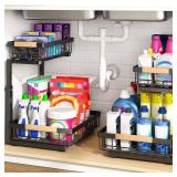 PXRACK Under Sink Organizer, Adjustable Height, 2-Pack 2 Tier Pull Out Under Cabinet Organizer, Slide Out Thickened Metal Under Sink Storage for Kitchen Bathroom Laundry Pantry Cabinet, L, Black - Ret