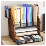 SWTYMIKI Desk Organizer with Drawers - Mesh and Wood Desk File Organizer with Pen Holders, 4-Tier Paper Organizer for Office Organizer and Accessorie, School and Home Storage, Espresso - Retail: $30