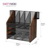 SWTYMIKI Desk Organizer with Drawers - Mesh and Wood Desk File Organizer with Pen Holders, 4-Tier Paper Organizer for Office Organizer and Accessorie, School and Home Storage, Espresso - Retail: $30