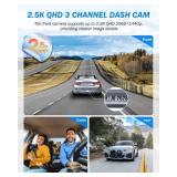 Dash Cam Front and Rear, 2.5K+1440P Triple Car Camera with 32GB Card, 3 Channel Dash Camera for Cars, G-Sensor, 3.16 IPS Screen, 24Hr Parking, 170°Wide Angle, Loop Recording, IR Night Vision, Blue - 