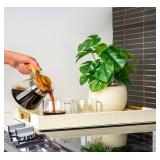 Modern Elegant 17.5x12 Rectangle Cream Rectangle Shagreen Faux Leather Decorative Tray Ottoman Tray Coffee Table Perfume Living Room Kitchen Serving Tray with Gold Polished Metal Handles. - Retail: $3