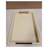 Modern Elegant 17.5x12 Rectangle Cream Rectangle Shagreen Faux Leather Decorative Tray Ottoman Tray Coffee Table Perfume Living Room Kitchen Serving Tray with Gold Polished Metal Handles. - Retail: $3