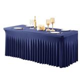 1 Pack Navy Blue Table Clothes for 8 Foot Rectangle Tables, One-Piece Wrinkle Resistant Stretch Spandex Table Covers with Table Skirt for Event Banquet Wedding Birthday Party - Retail: $28