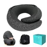 LuxeVoy 2025 Travel Neck Pillow,Stowable Hood,Ergonomic Neck Pillow Airplane,Premium Memory Foam,360º Support,Adjustable Fit,Washable Cover,Complete Travel Set,for Flight,Car and Office (Matt Black) 