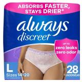 Always Discreet Adult Incontinence Underwear for Women and Postpartum Underwear, Large, Up to 100% Bladder Leak Protection, 28 Count - Retail: $19