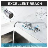 Favorpo Wall Mount Faucet 8 Inch Center Commercial Kitchen Faucet, 12 Inches Swivel Spout Wall Mounted Restaurant Sink Faucets 2 Handle Commercial Faucets for Laundry Utility(Polished,12") - Retail: $