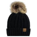 C.C Thick Cable Knit Faux Fuzzy Fur Pom Fleece Lined Skull Cap Cuff Beanie, Black - Retail: $15
