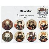 Ninja Cat Coasters Set of 8 Ceramic Cat Lover Gift Coasters with Holder for Table Bar Desk Anime Cat Decor - Retail: $17