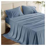 Bedsure King Size Sheets Set, Cooling Sheets for Hot Sleepers, Rayon Derived from Bamboo, Breathable & Soft, Deep Pocket Up to 16 Inches, Hotel Luxury Silky Bedding, Dusty Blue - Retail: $77