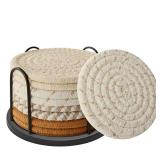Lazebox Coasters Set of 8 for Drinks, Beer, Coffee, Cotton Woven 4 Colors Absorbent Coaster with Holder, Boho Coasters for Home Decor Tabletop Protection Suitable for Kinds of Cups, Coffee - Retail: $