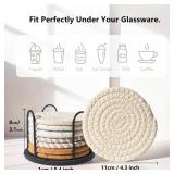Lazebox Coasters Set of 8 for Drinks, Beer, Coffee, Cotton Woven 4 Colors Absorbent Coaster with Holder, Boho Coasters for Home Decor Tabletop Protection Suitable for Kinds of Cups, Coffee - Retail: $