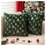 AQOTHES Christmas Tree Green Throw Pillow Covers 20x20inch, Set of 2 Winter Holiday Decorative Faux Fur Fuzzy Pillows Covers with Glitter Printed for Christmas Decor Sofa Couch Home - Retail: $10