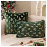 AQOTHES Christmas Tree Green Throw Pillow Covers 20x20inch, Set of 2 Winter Holiday Decorative Faux Fur Fuzzy Pillows Covers with Glitter Printed for Christmas Decor Sofa Couch Home - Retail: $10