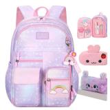 Jcobvig Kawaii Backpack For Girls Kids,Cute Student School Backpack With Pen Bag,Purple Aesthetic Starry Rainbow Laptop Travel Bag (Purple Medium 16.5in - Retail: $31