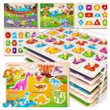 SYNARRY Wooden Puzzles for Toddlers 1-3, 6XSET Puzzles for Toddlers 2-4 with Rack, Learning Alphabet Number Shape Animal Dinosaur, Toddler Valentines Day Easter Basket Stuffers Gifts Toys for Boy Girl