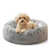 JOLLYVOGUE Small Dog & Cat Beds for Indoor Cats - 20 inches Calming Donut Dog Bed for Kittens & Puppies, Washable Round Fluffy Plush Faux Fur Pet Beds (Smoke Grey) - Retail: $13