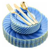 YOUBET 125PCS Clear Blue Gold Plastic Plates - Blue Disposable Plates With Gold Rim Include 25 Dinner Plates 25 Dessert Plates 75 Golden Silverwares for Wedding Birthday & Parties - Retail: $26