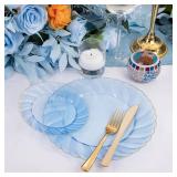 YOUBET 125PCS Clear Blue Gold Plastic Plates - Blue Disposable Plates With Gold Rim Include 25 Dinner Plates 25 Dessert Plates 75 Golden Silverwares for Wedding Birthday & Parties - Retail: $26