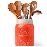 Comfify Wide Mouth Mason Jar Utensil Holder Decorative Kitchenware Organizer Crock, Dishwasher Safe - Kitchen Caddy, Large Size 7" High - Coral - Retail: $23