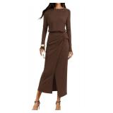 KIRUNDO Womens Cocktail Wedding Guest Maxi Dress Lightweight Long Sleeve Boat Neck Knit Ruched Slit Slimming Dresses(Dark Brown, X-Large)